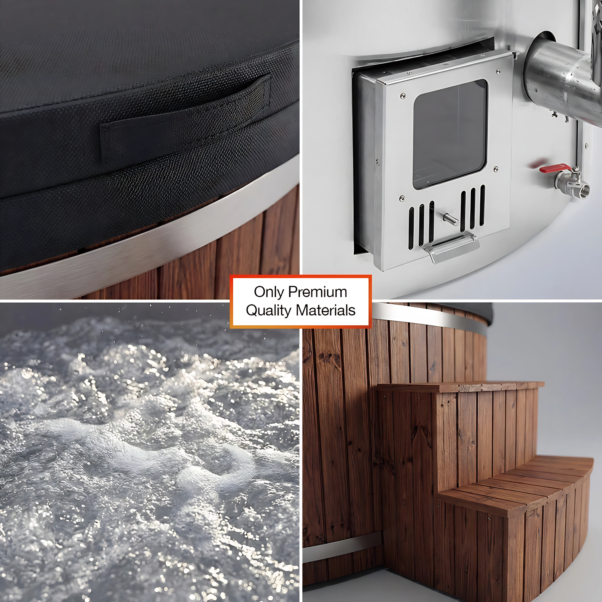 Polar Recovery Royal round wood fired hot tub, cover, heater and steps close-ups
