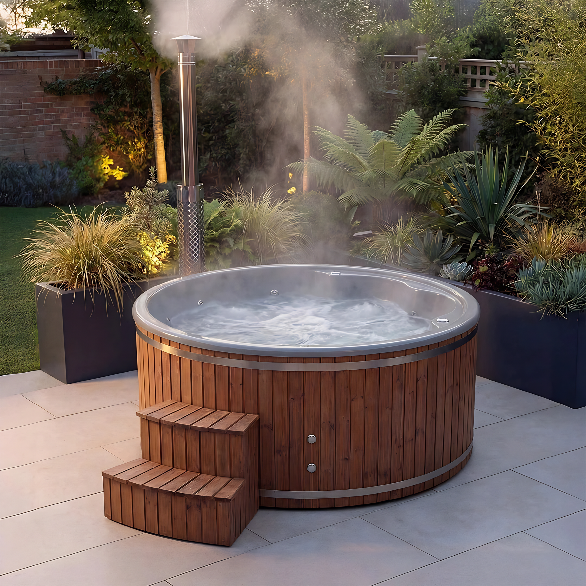 Polar Recovery Royal round wood fired hot tub, steaming on garden patio