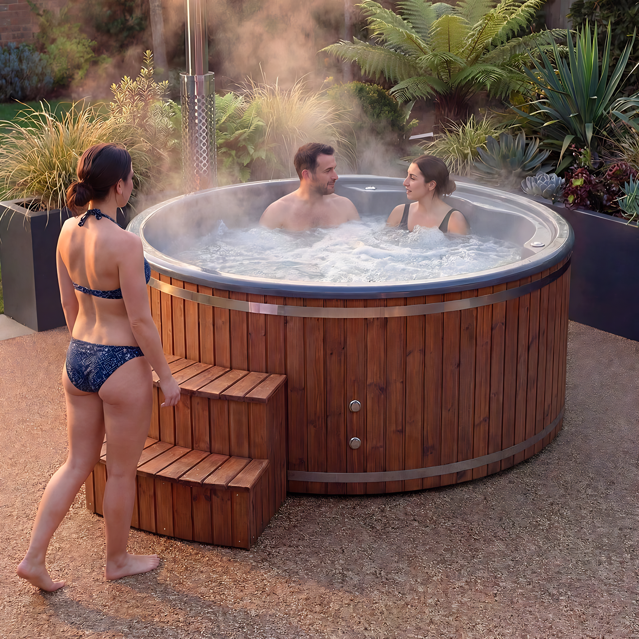 Polar Recovery Royal round wood fired hot tub, three friends in steaming garden tub