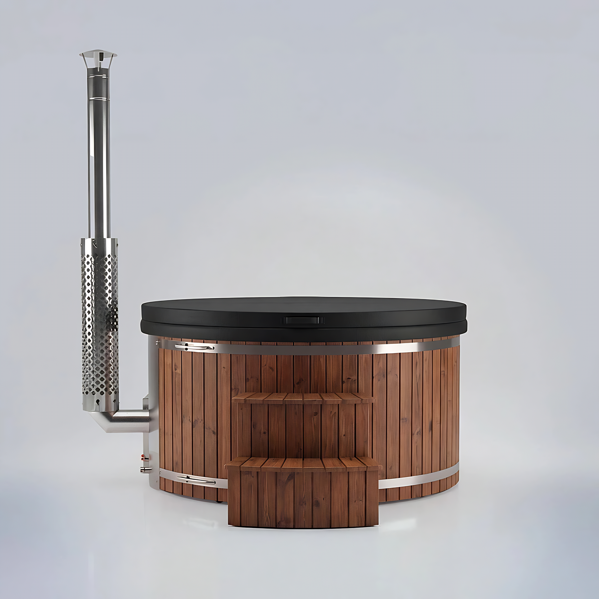 Polar Recovery Royal round wood fired hot tub with cover and steps, front view