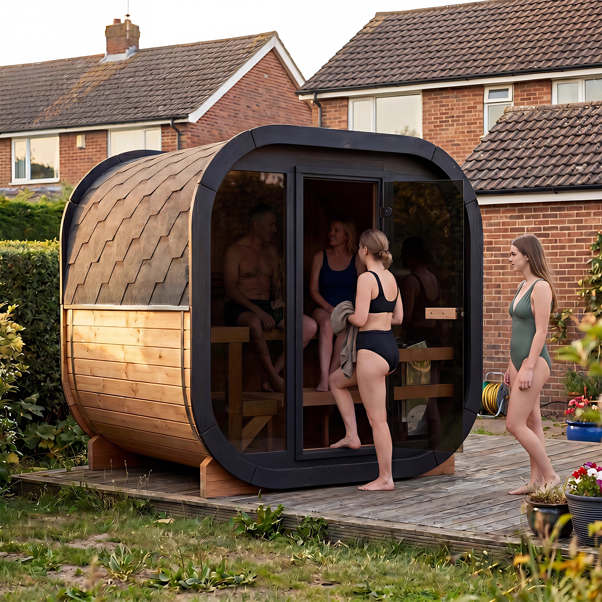 Polar Recovery Sauna Cube 3-5 person outdoor sauna with glass front, friends in a back garden