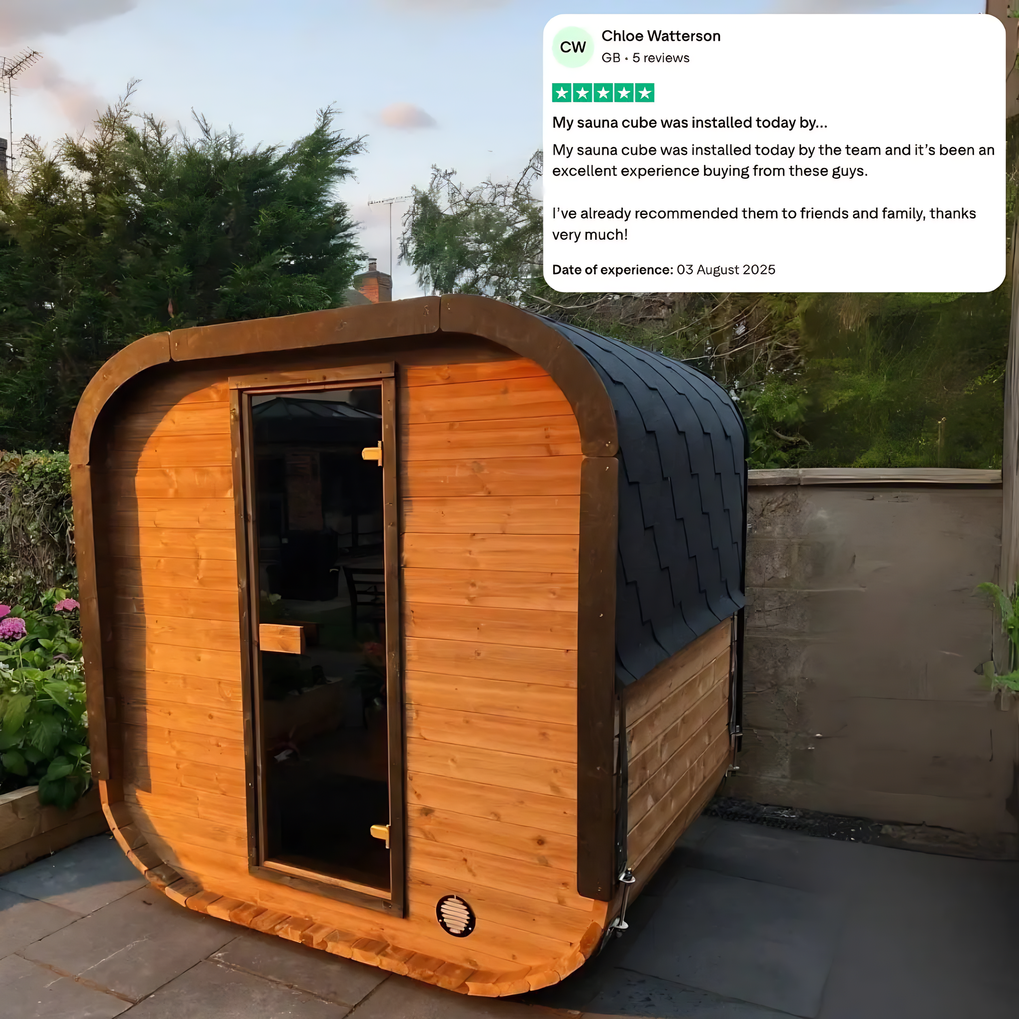Polar Recovery Sauna Cube 3-5 person outdoor sauna, customer review in a garden