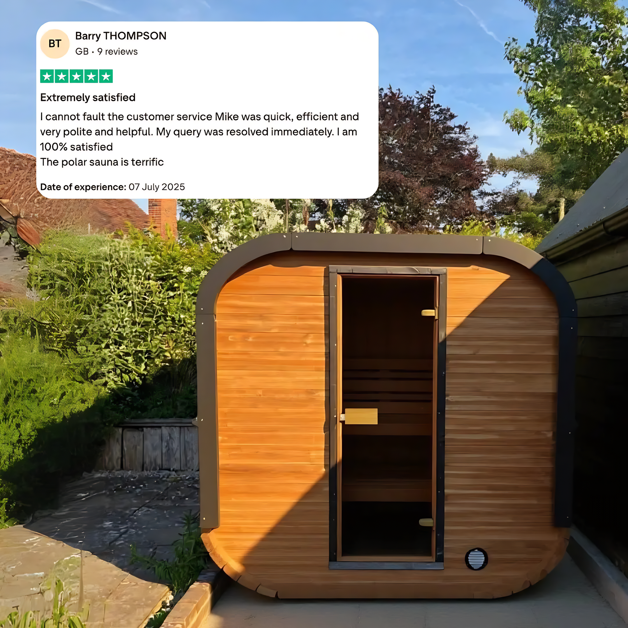 Polar Recovery Sauna Cube 3-5 person outdoor sauna with wood front, customer review in a garden