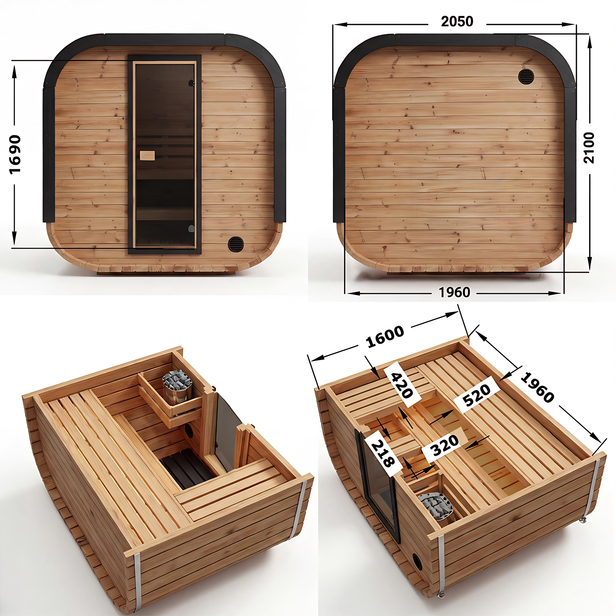 Polar Recovery Sauna Cube 3-5 person outdoor sauna, dimensions and interior diagrams