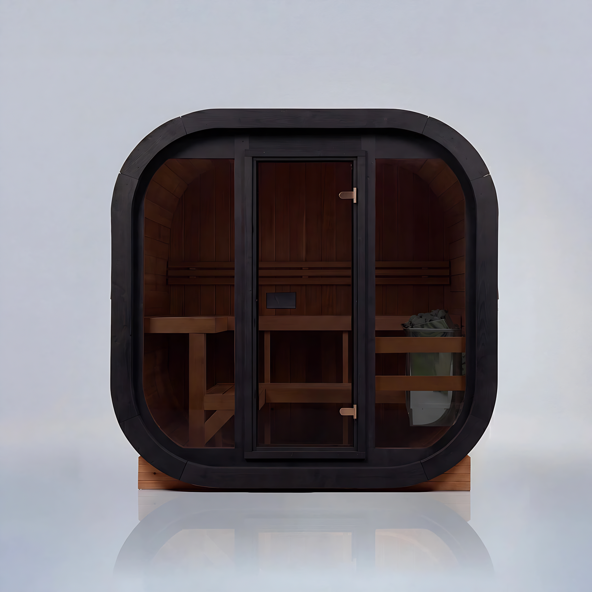 Polar Recovery Sauna Cube 3-5 person outdoor sauna with full glass front on a white background
