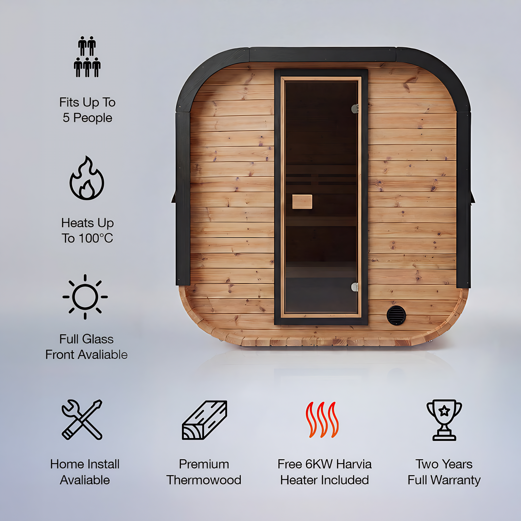 Polar Recovery Sauna Cube 3-5 person outdoor sauna with feature icons