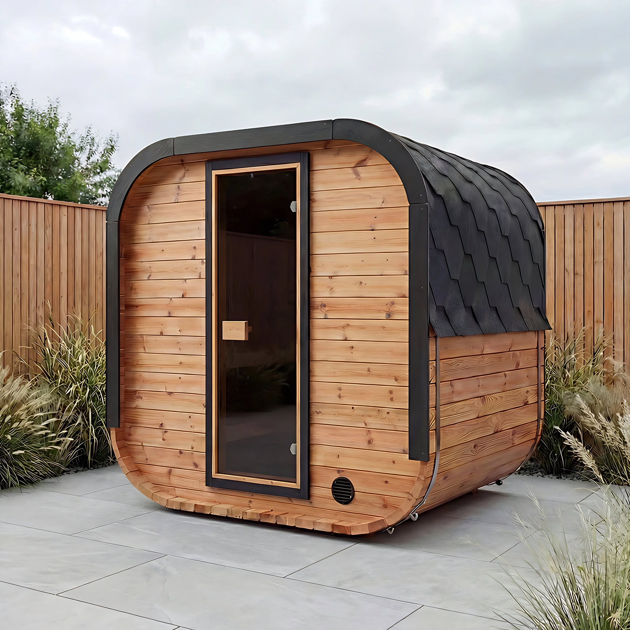 Polar Recovery Sauna Cube 3-5 person outdoor sauna with wood front on a garden patio