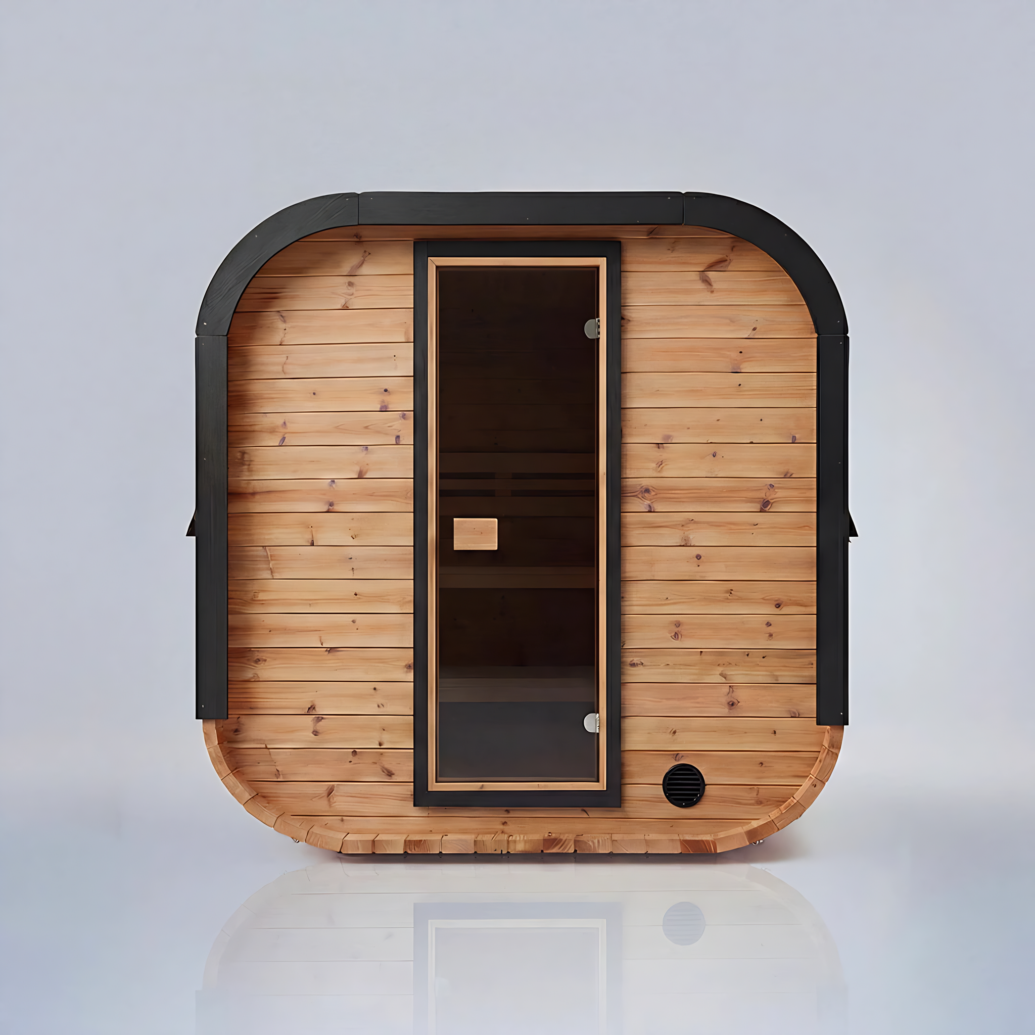 Polar Recovery Sauna Cube 3-5 person outdoor sauna with wood front on a white background