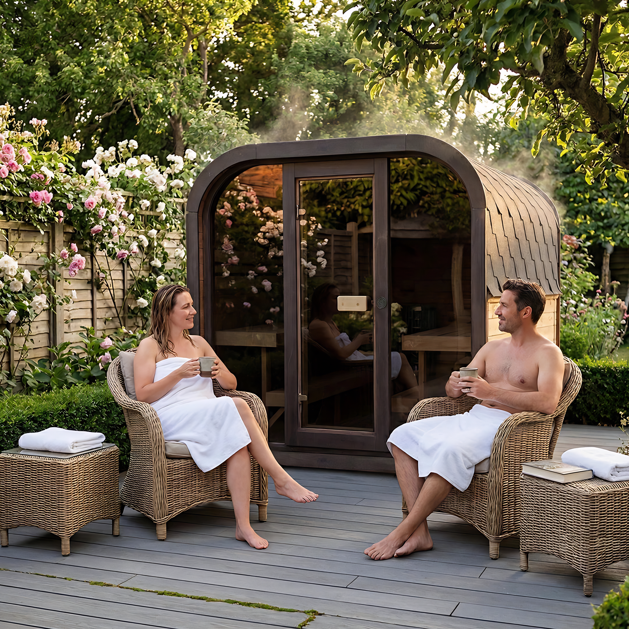 Polar Recovery Sauna Cube 6-8 person outdoor sauna with glass front, couple relaxing in the garden