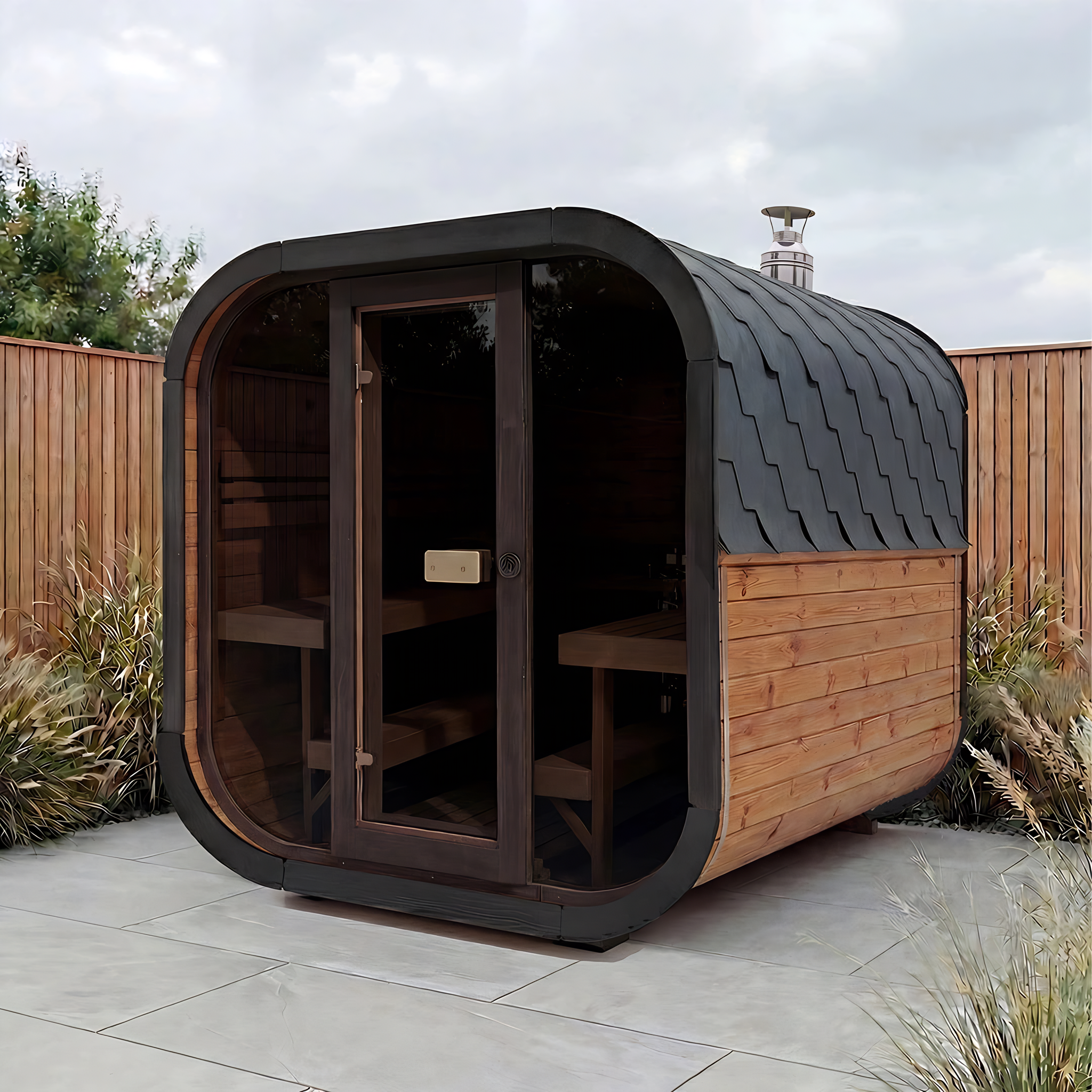 Polar Recovery Sauna Cube 6-8 person outdoor sauna with glass front and wood burner flue in a garden