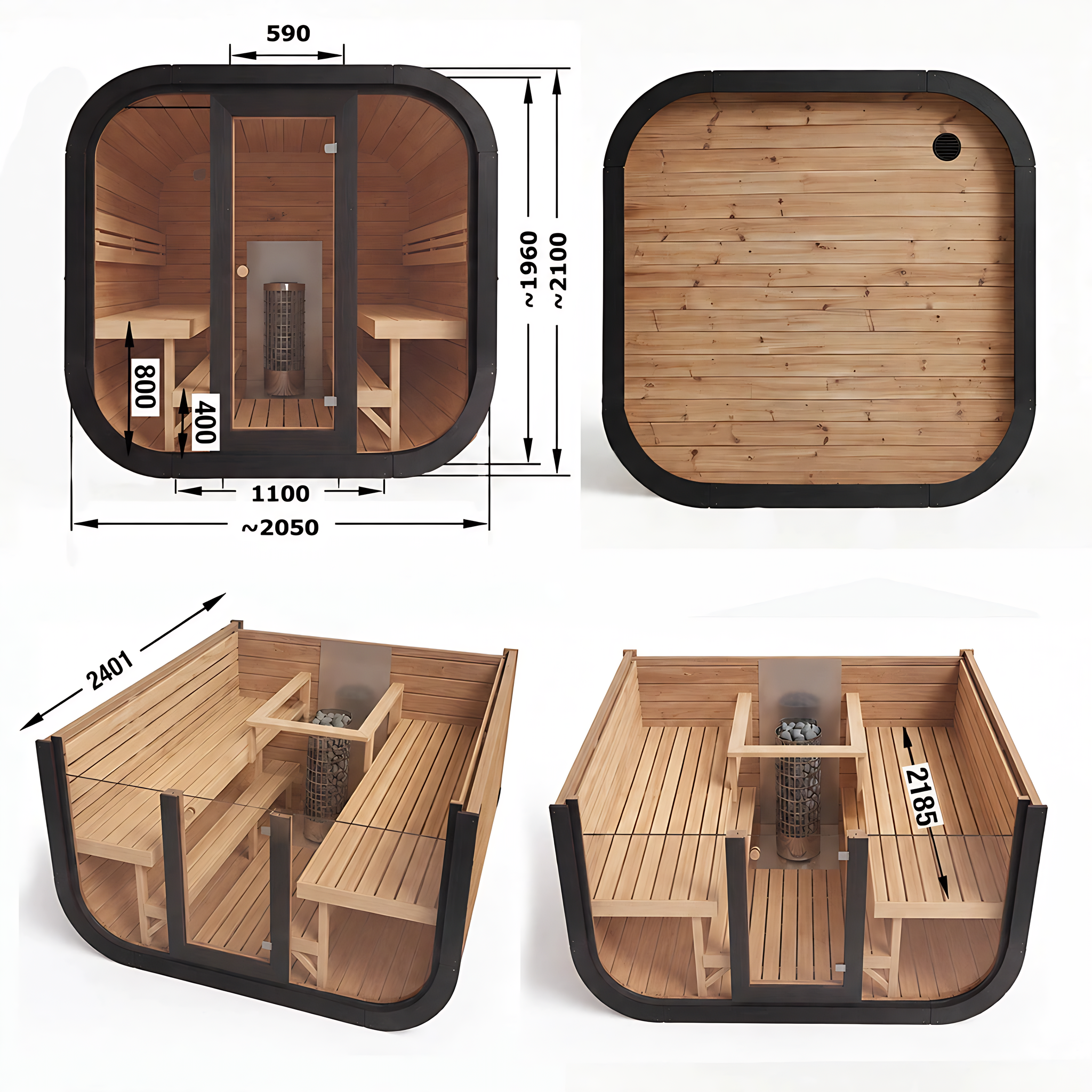 Polar Recovery Sauna Cube 6-8 person outdoor sauna, dimensions and bench layout diagrams