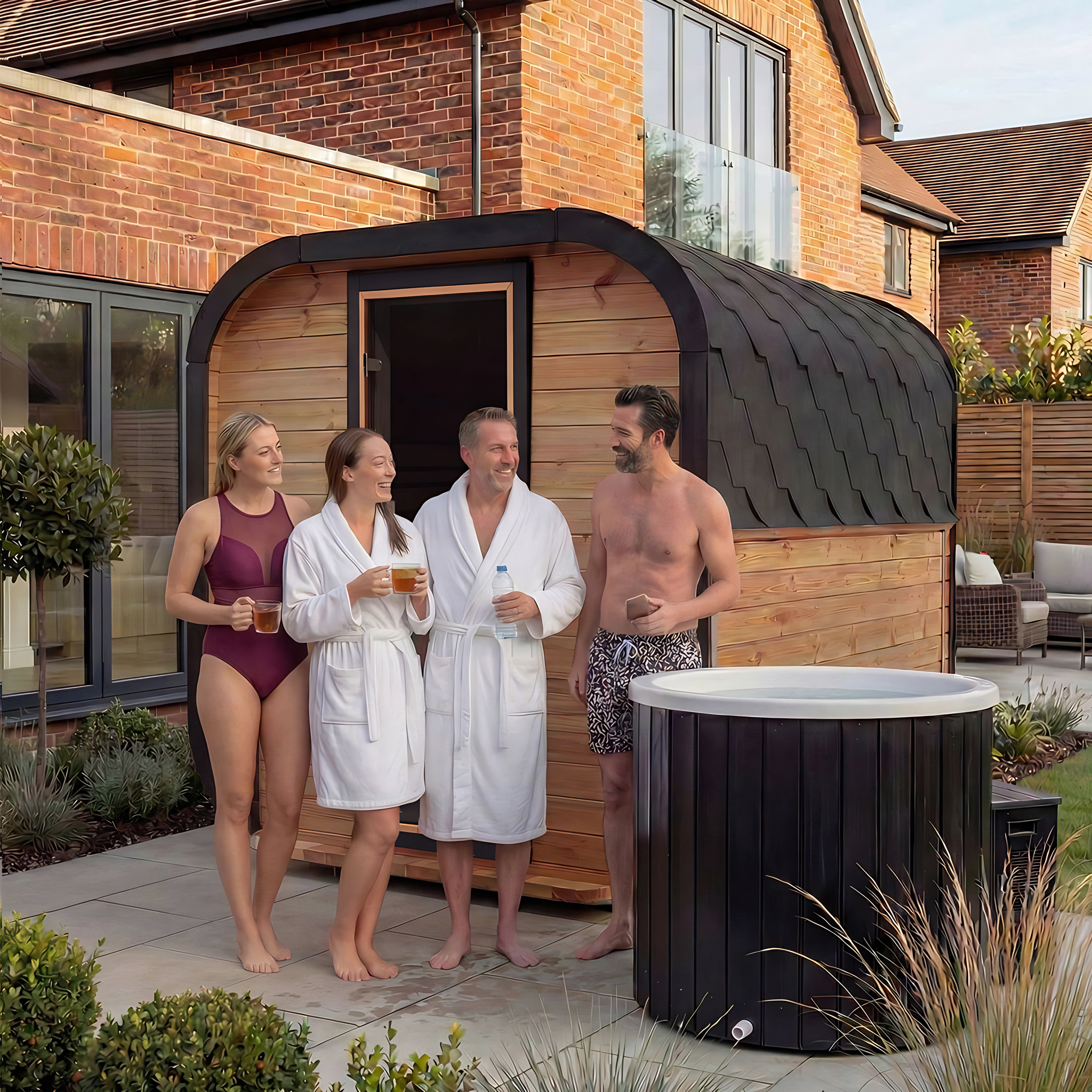 Polar Recovery Sauna Cube 6-8 person outdoor sauna, group of friends with an ice bath in the garden