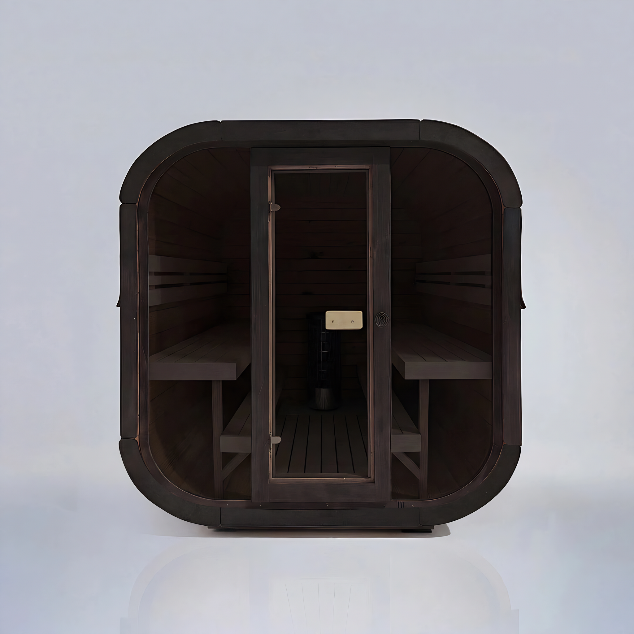 Polar Recovery Sauna Cube 6-8 person outdoor sauna with full glass front on a white background