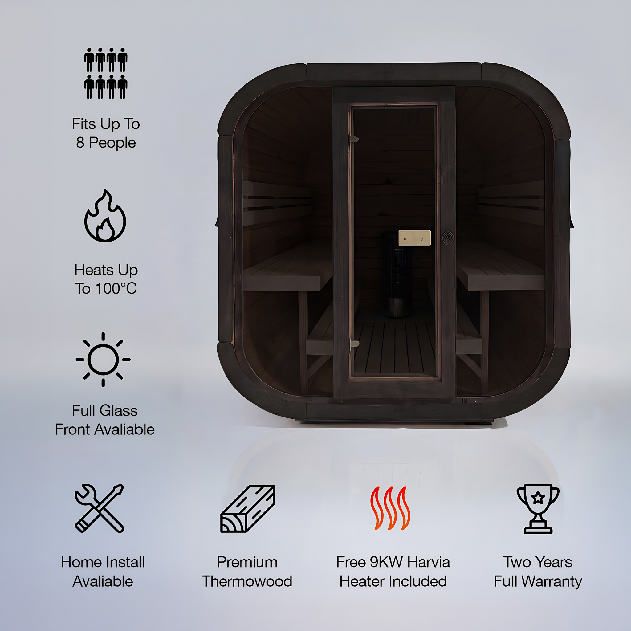 Polar Recovery Sauna Cube 6-8 person outdoor sauna with feature icons