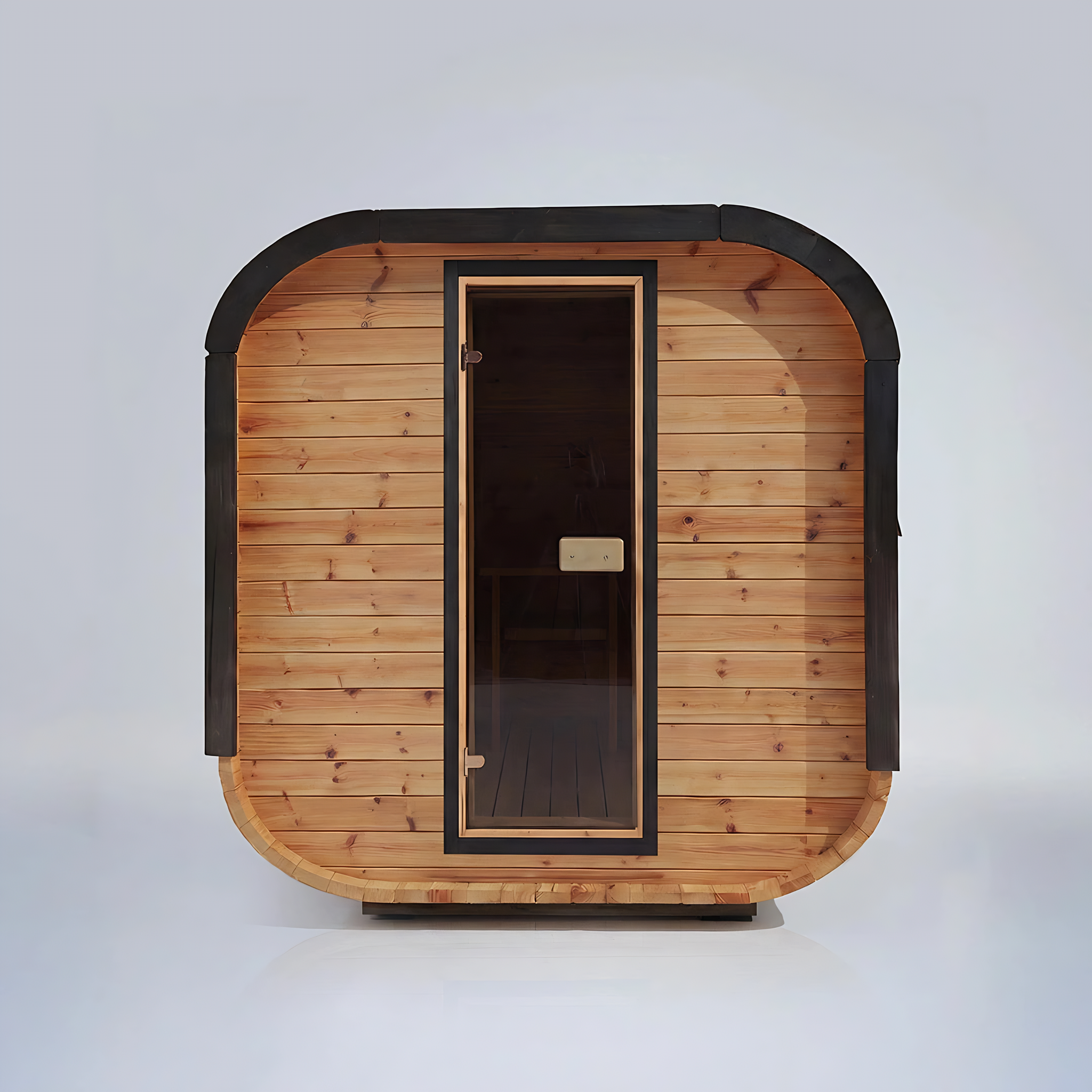 Polar Recovery Sauna Cube 6-8 person outdoor sauna with wood front on a white background