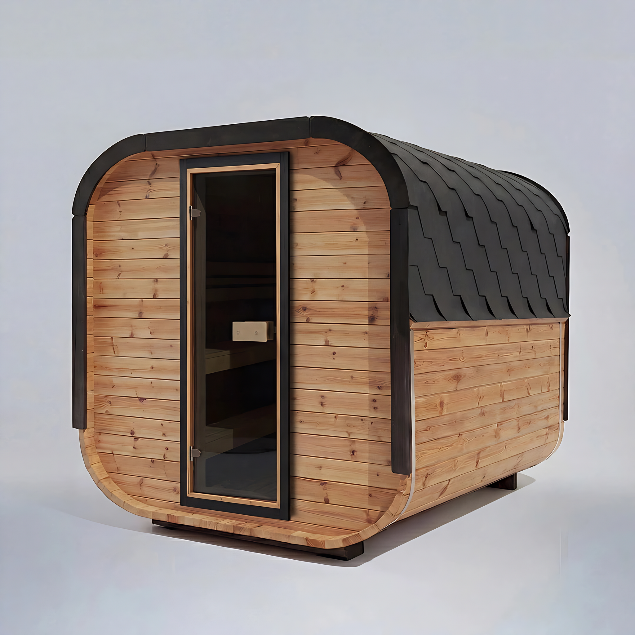 Polar Recovery Sauna Cube 6-8 person outdoor sauna with wood front, side view on a white background