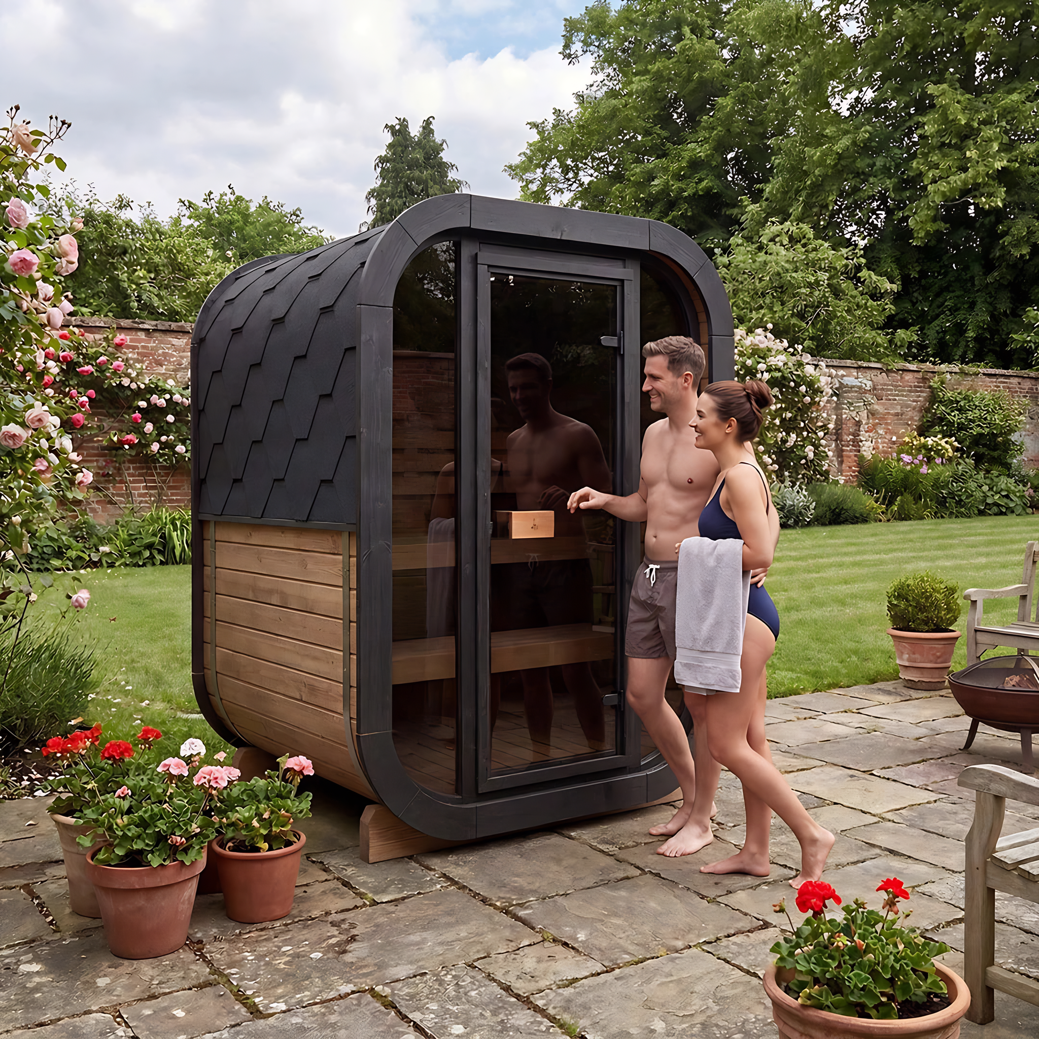 Polar Recovery Sauna Cube Mini 2 person outdoor sauna with glass front, couple on garden patio