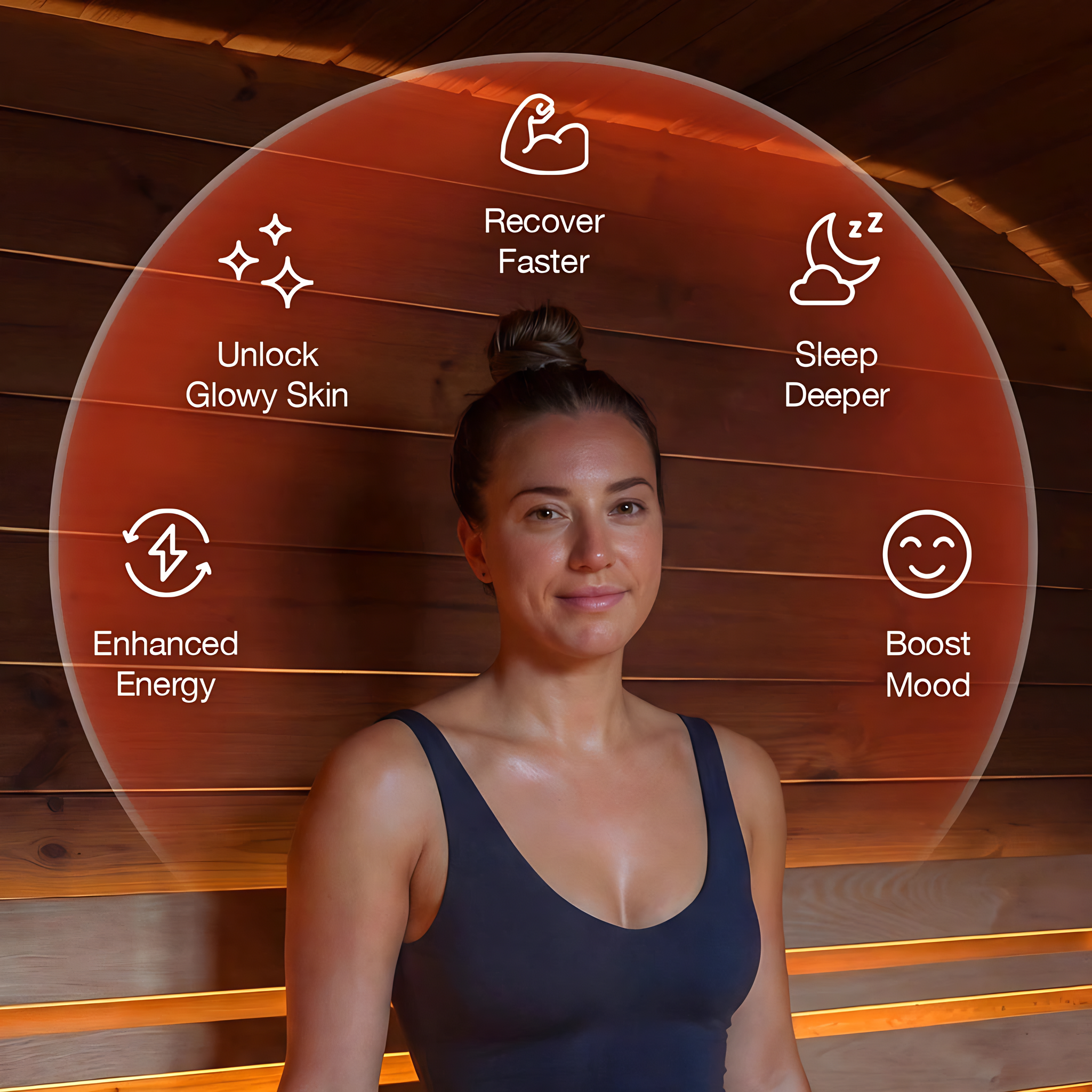 Polar Recovery Sauna Cube Mini 2 person outdoor sauna, benefits graphic with woman