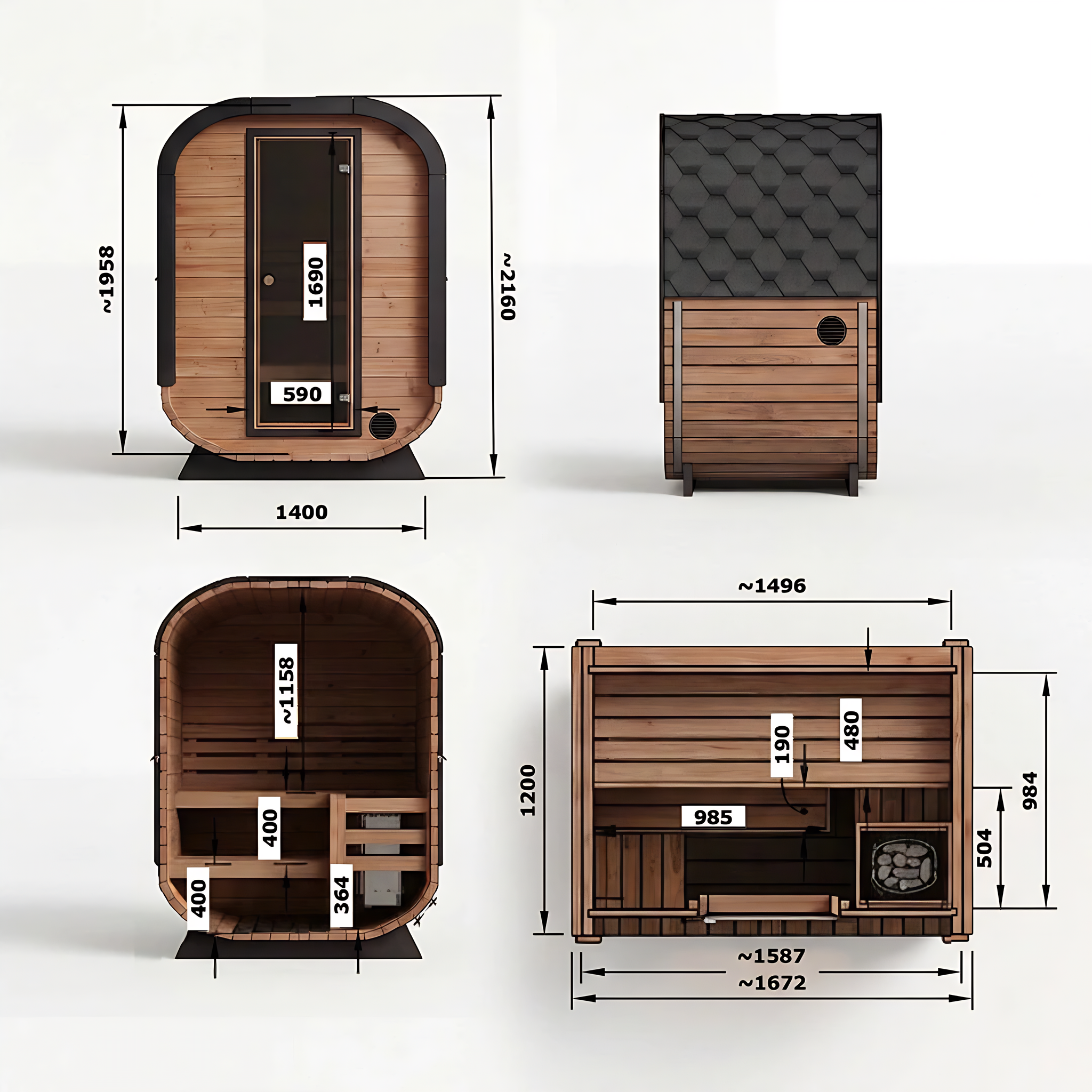 Polar Recovery Sauna Cube Mini 2 person outdoor sauna, dimensions diagrams