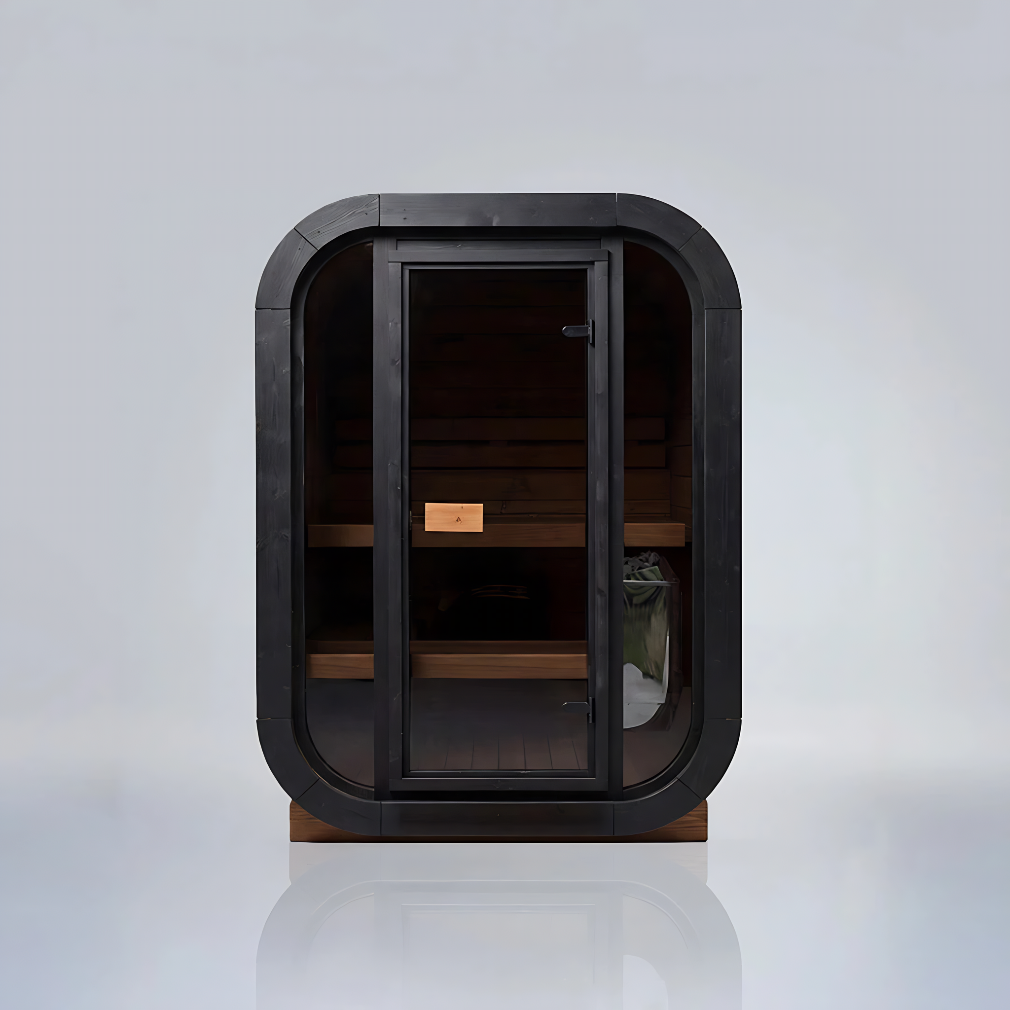 Polar Recovery Sauna Cube Mini 2 person outdoor sauna, full glass front on a white background