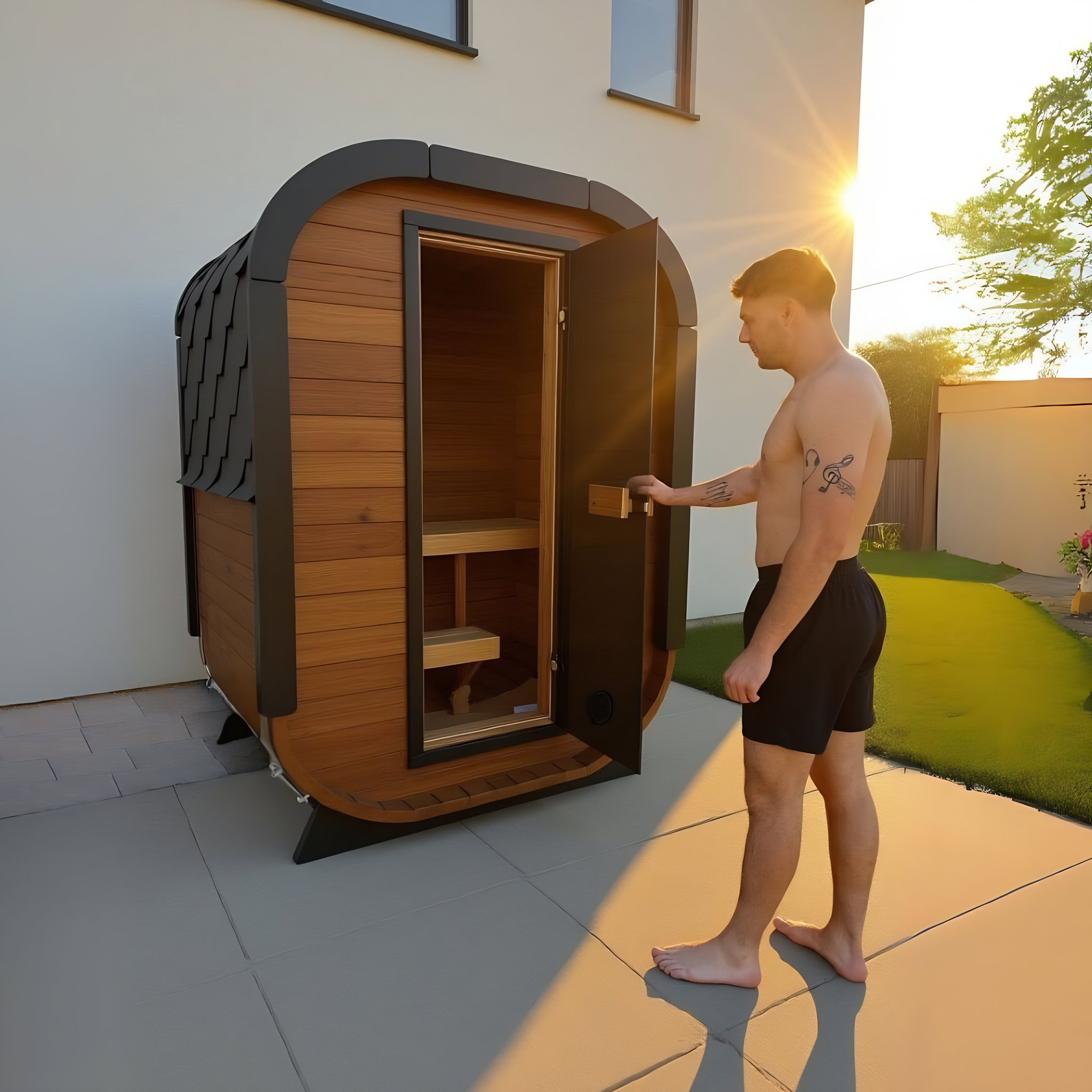 Polar Recovery Sauna Cube Mini 2 person outdoor sauna, man opening door at sunset