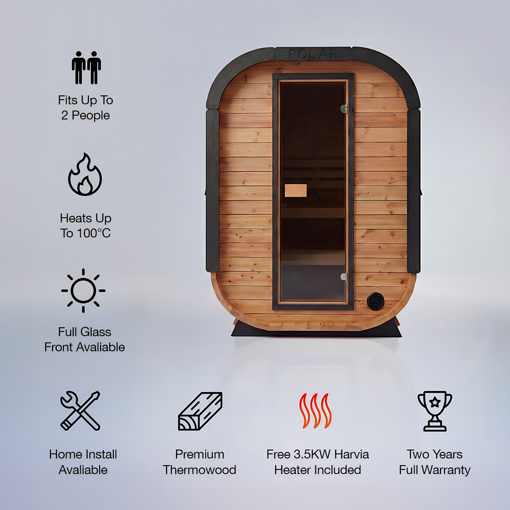 Polar Recovery Sauna Cube Mini 2 person outdoor sauna with feature icons