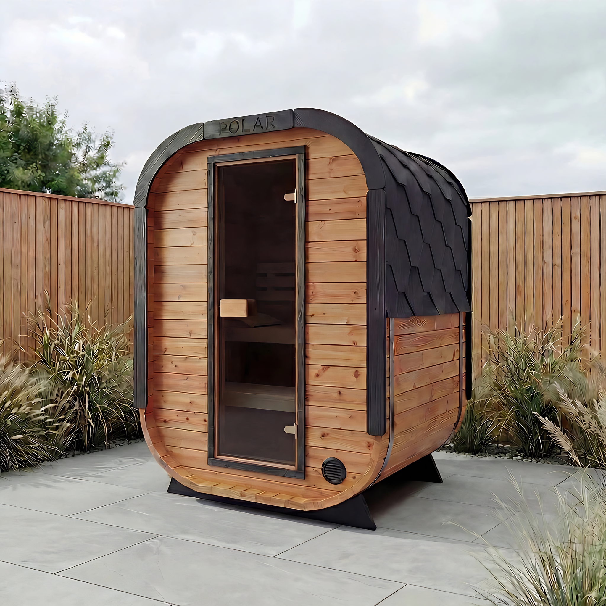 Polar Recovery Sauna Cube Mini 2 person outdoor sauna, wood front on garden patio