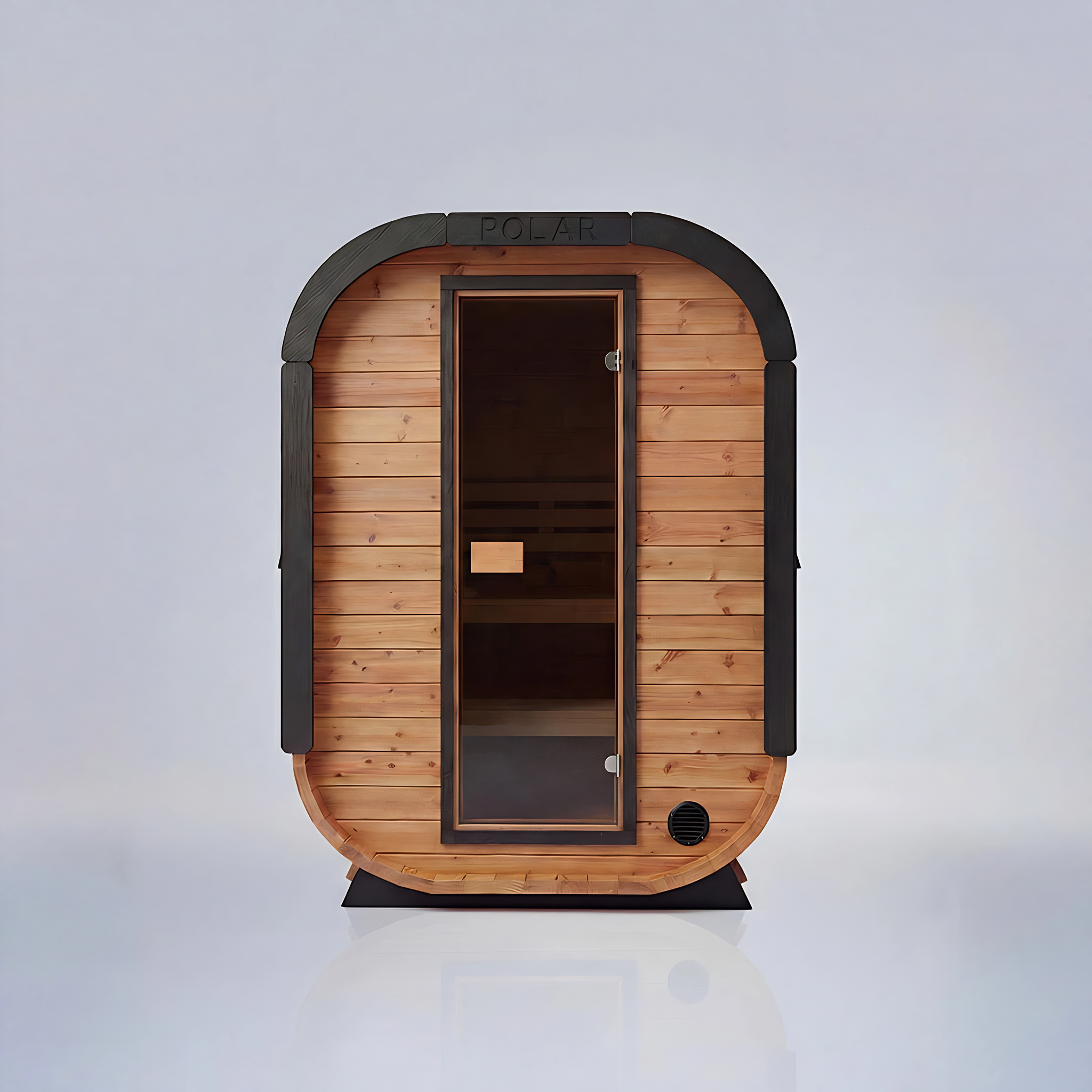 Polar Recovery Sauna Cube Mini 2 person outdoor sauna, wood front on a white background
